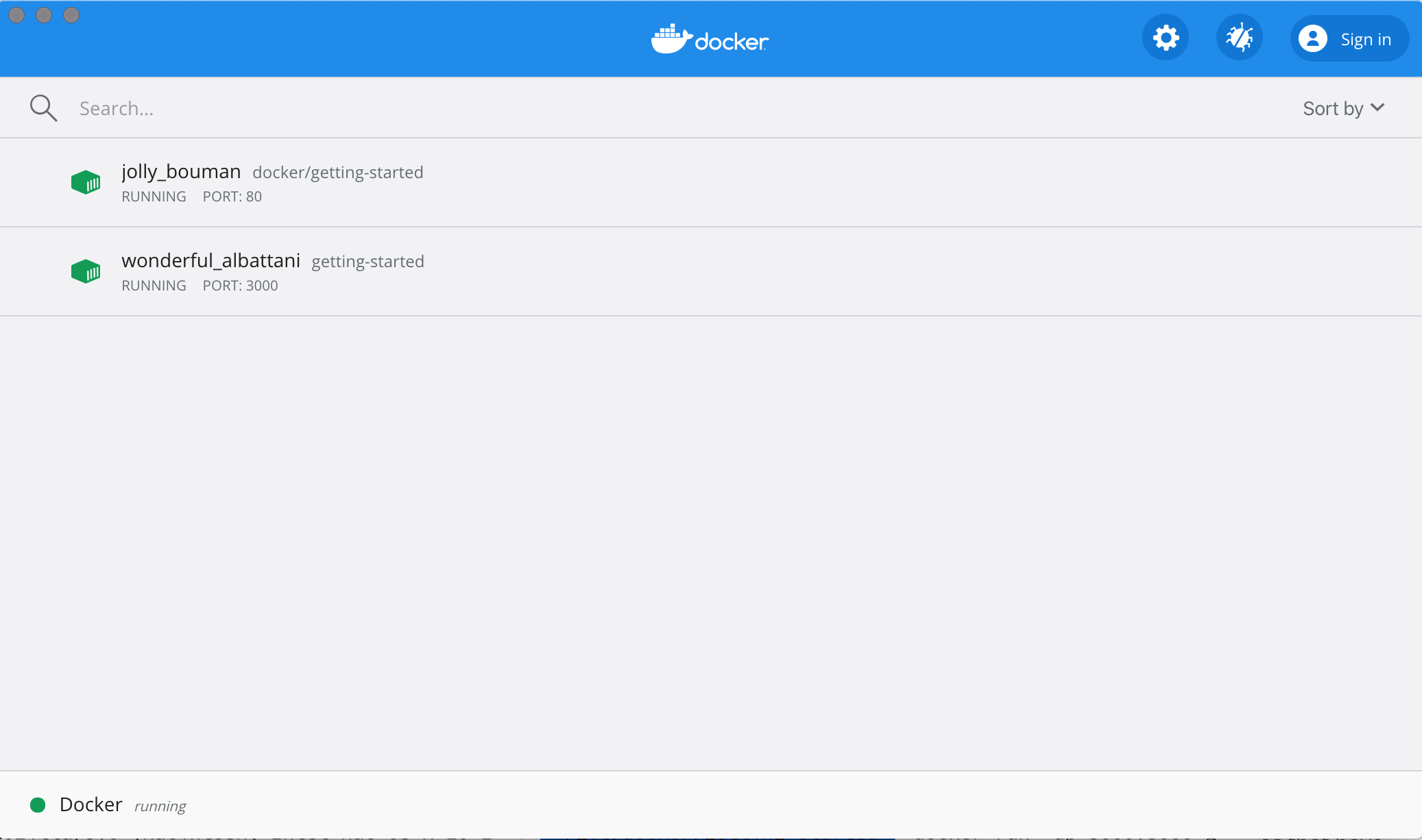 运行了教程和应用程序容器的Docker Dashboard