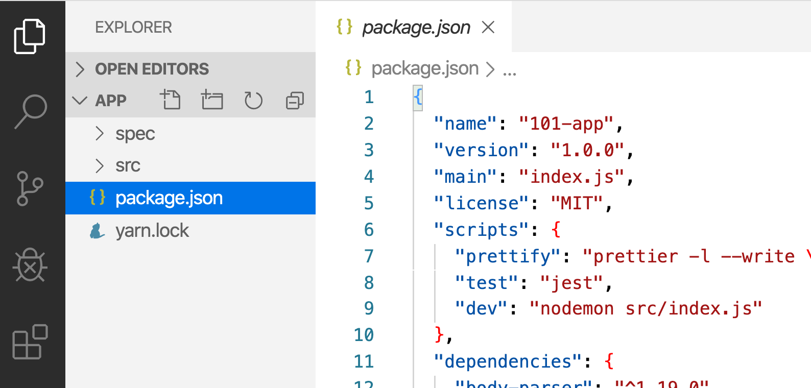 加载了应用程序后打开的Visual Studio Code的屏幕截图